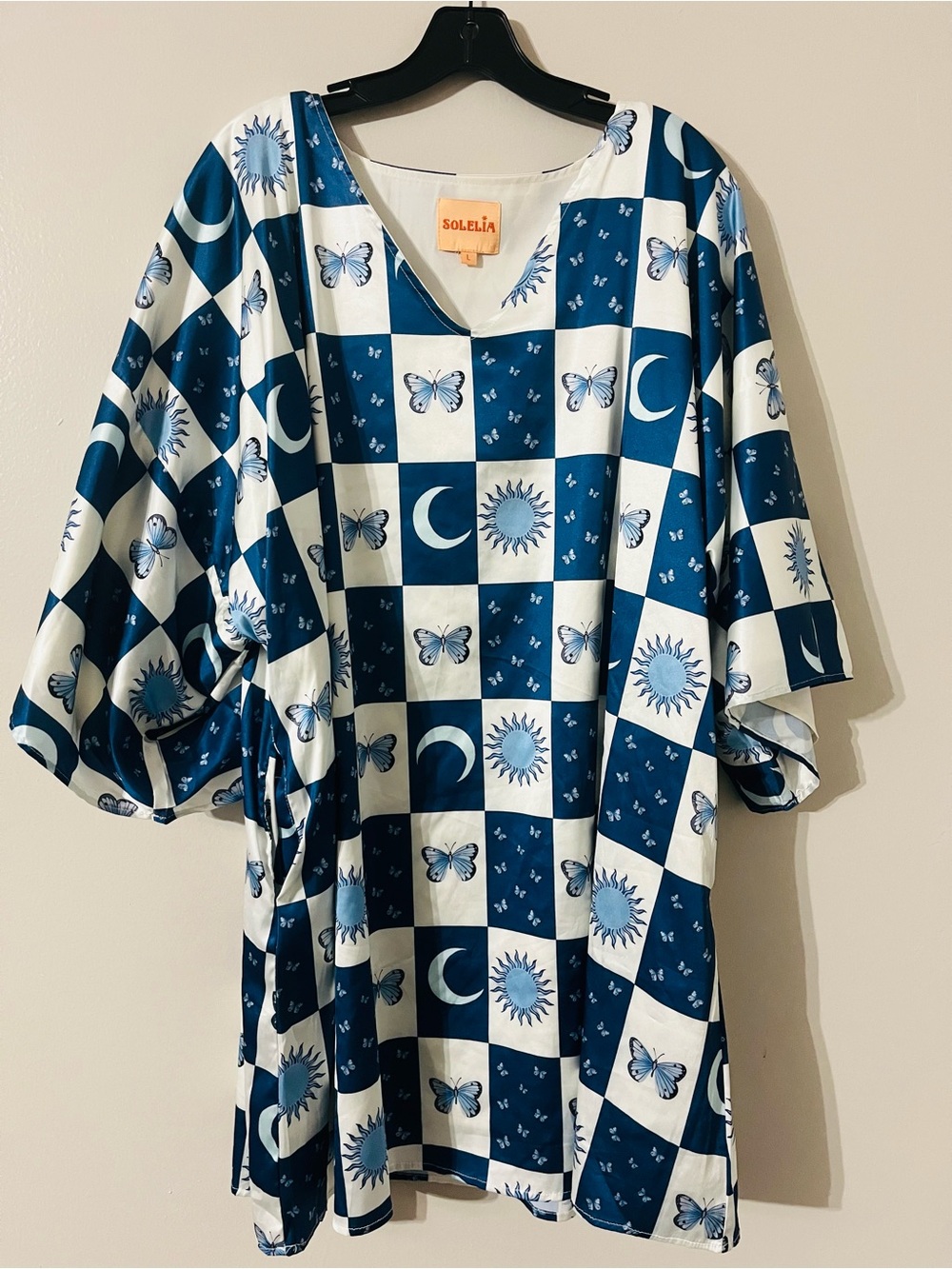 Solelia Celestial Checkered Tunic Dress Moon Sun Butterfly Caftan Sz L